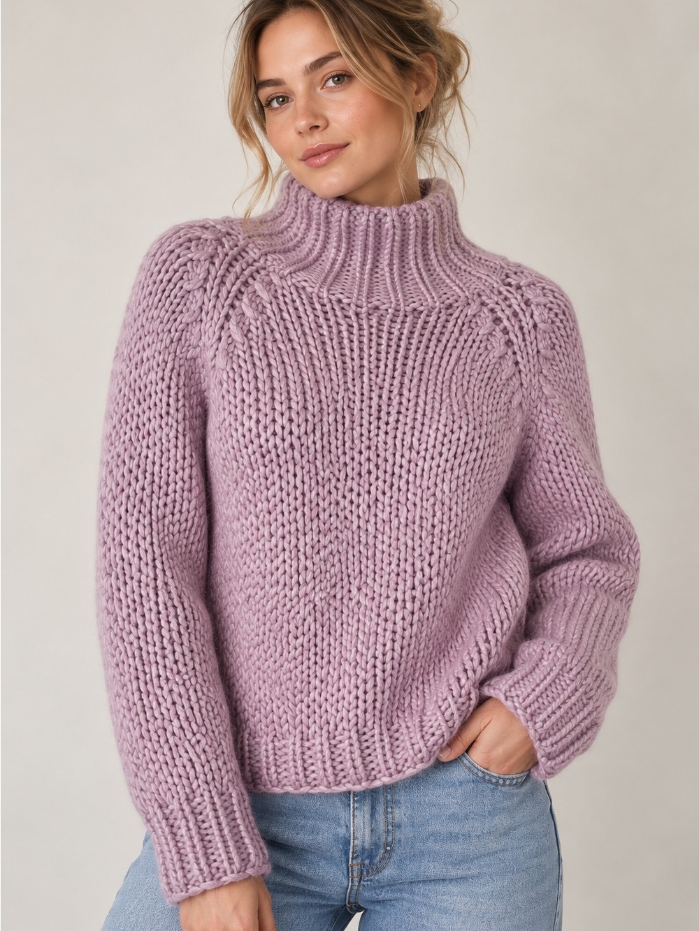 Max Studio Leon Max  Hand Knit Chunky Turtleneck Sweater Light Lilac , size S/M